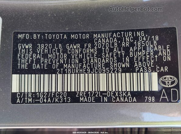 2T1BURHE9JC095229 2018 TOYOTA COROLLA Gray Vista del compartimento del motor
