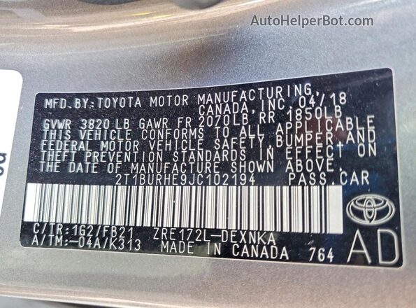 2T1BURHE9JC102194 2018 TOYOTA COROLLA Gray 