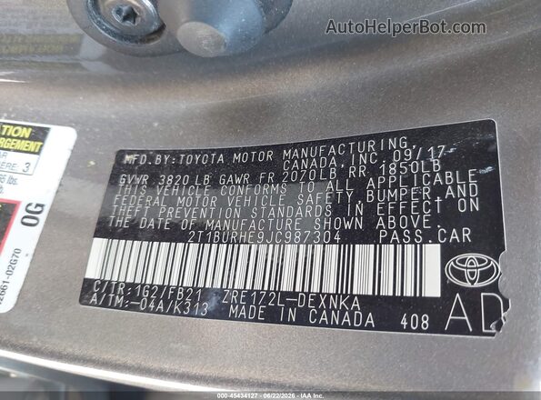 2T1BURHE9JC987304 2018 TOYOTA COROLLA Gray ძრავის განყოფილების ხედი