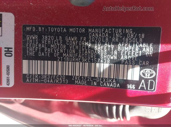 2T1BURHE9KC157438 2019 TOYOTA COROLLA Red Vista del compartimento del motor