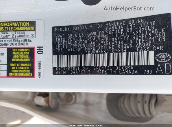 2T1BURHE9KC187314 2019 TOYOTA COROLLA White 