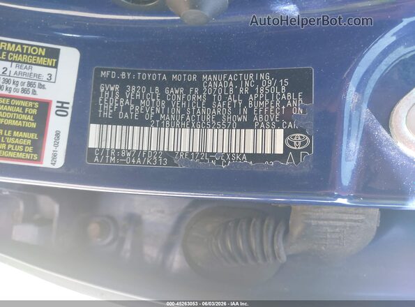 2T1BURHEXGC525570 2016 TOYOTA COROLLA Blue Շարժիչի բաժամունքի տեսք