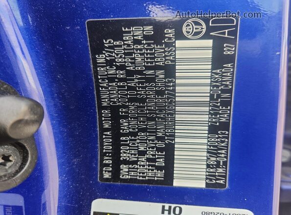 2T1BURHEXGC577443 2016 TOYOTA COROLLA Blue VIN sticker view
