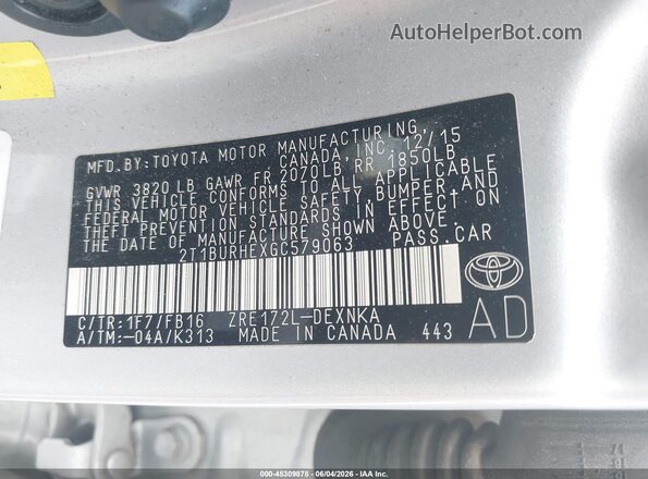 2T1BURHEXGC579063 2016 TOYOTA COROLLA Gray 