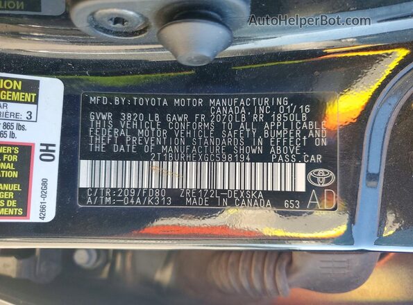 2T1BURHEXGC598194 2016 TOYOTA COROLLA Gray 