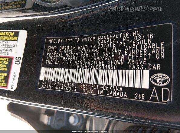 2T1BURHEXGC631890 2016 TOYOTA COROLLA Black Vista del compartimento del motor