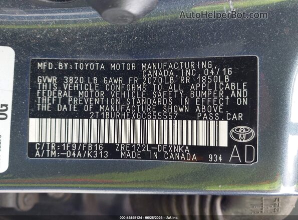 2T1BURHEXGC655557 2016 TOYOTA COROLLA Синий Вид подкапотного пространства