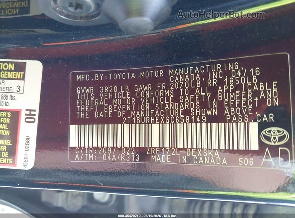 2T1BURHEXGC658149 2016 TOYOTA COROLLA Black Widok komory silnika