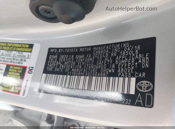 2T1BURHEXGC664887 2016 TOYOTA COROLLA Silver 