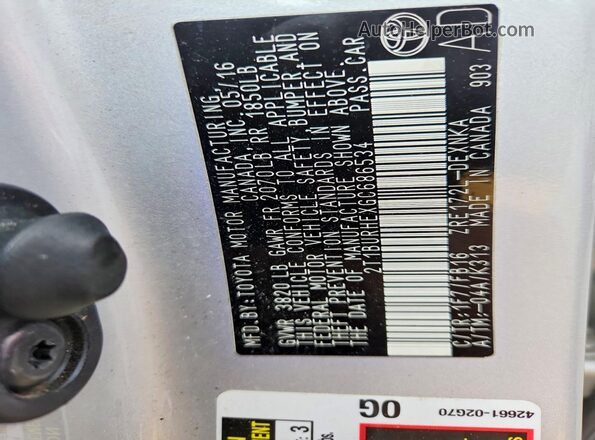 2T1BURHEXGC686534 2016 TOYOTA COROLLA Silver ძრავის განყოფილების ხედი