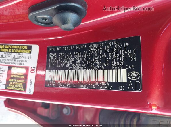 2T1BURHEXGC686789 2016 TOYOTA COROLLA Burgundy 