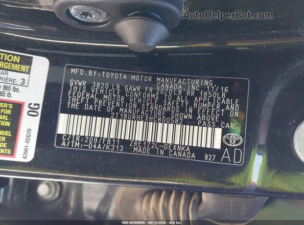 2T1BURHEXHC800582 2017 TOYOTA COROLLA Black Вид підкапотного простору