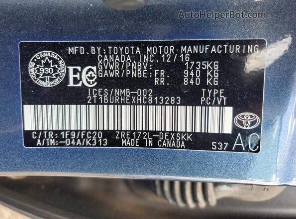 2T1BURHEXHC813283 2017 TOYOTA COROLLA Gray Widok komory silnika