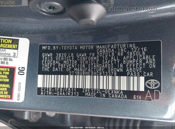 2T1BURHEXHC813378 2017 TOYOTA COROLLA Gray Vista del compartimento del motor