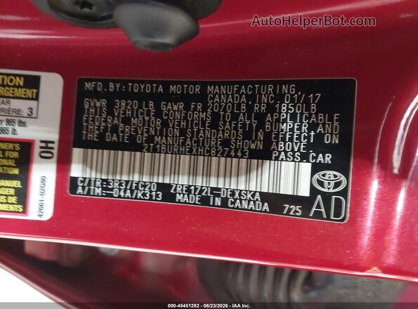 2T1BURHEXHC827443 2017 TOYOTA COROLLA Burgundy Widok komory silnika