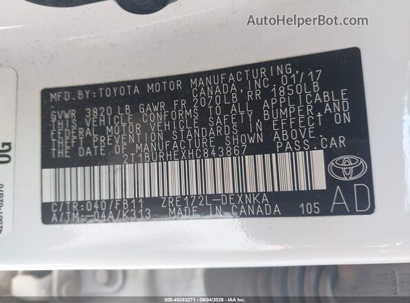 2T1BURHEXHC843867 2017 TOYOTA COROLLA White Շարժիչի բաժամունքի տեսք