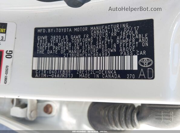 2T1BURHEXHC864993 2017 TOYOTA COROLLA White ძრავის განყოფილების ხედი