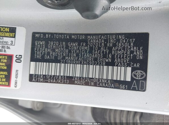 2T1BURHEXHC903338 2017 TOYOTA COROLLA Silver Շարժիչի բաժամունքի տեսք