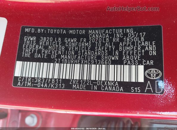 2T1BURHEXHC913660 2017 TOYOTA COROLLA Red ძრავის განყოფილების ხედი
