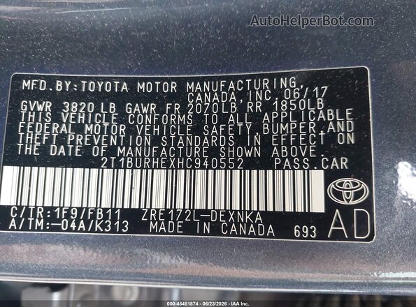2T1BURHEXHC940552 2017 TOYOTA COROLLA Blue Vista del compartimento del motor