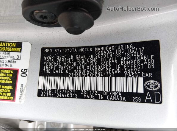2T1BURHEXHC941121 2017 TOYOTA COROLLA Silver Widok komory silnika
