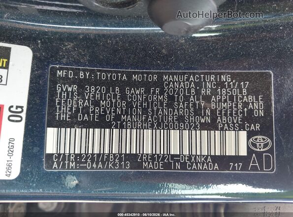 2T1BURHEXJC009023 2018 TOYOTA COROLLA Navy Widok komory silnika