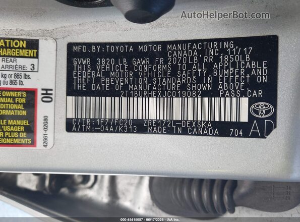 2T1BURHEXJC019082 2018 TOYOTA COROLLA Серебряный Вид подкапотного пространства