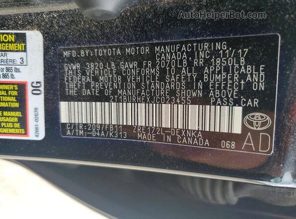 2T1BURHEXJC023455 2018 TOYOTA COROLLA Black Вид наклейки з VIN-кодом