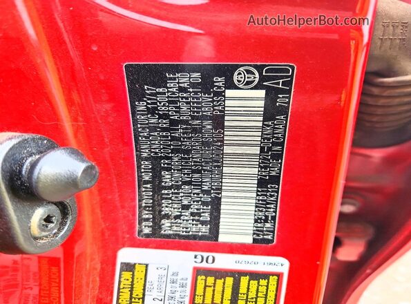 2T1BURHEXJC024105 2018 TOYOTA COROLLA Red VIN sticker view