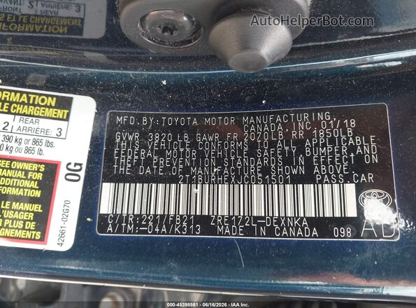 2T1BURHEXJC051501 2018 TOYOTA COROLLA Blue Engine compartment view