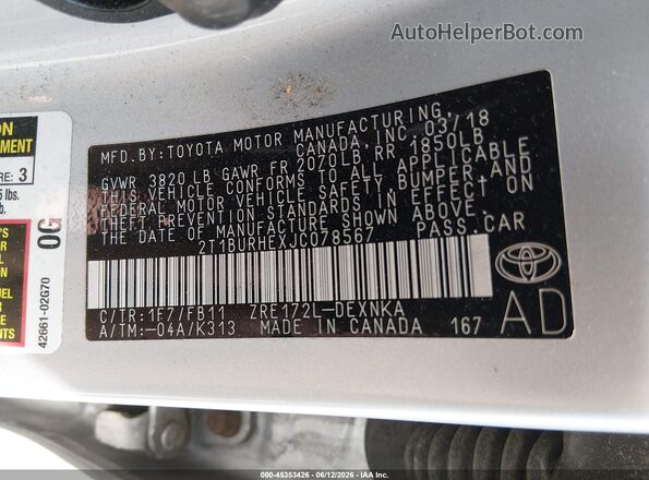 2T1BURHEXJC078567 2018 TOYOTA COROLLA Gray Widok komory silnika