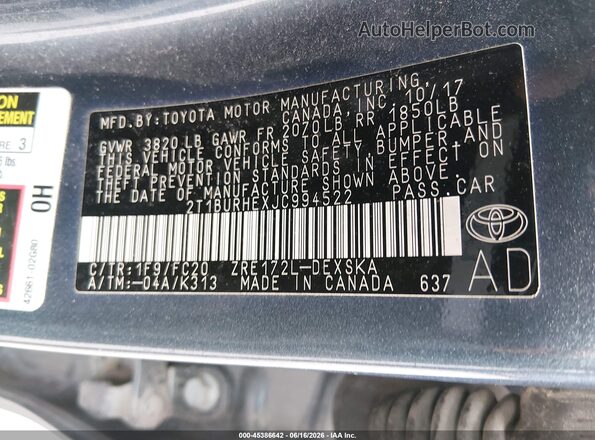 2T1BURHEXJC994522 2018 TOYOTA COROLLA Blue Vista del compartimento del motor