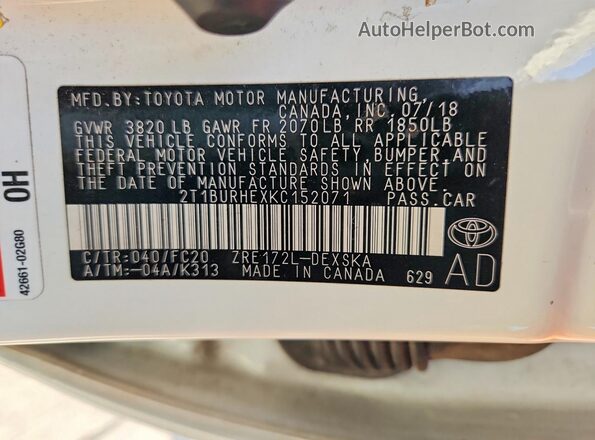 2T1BURHEXKC152071 2019 TOYOTA COROLLA White Engine compartment view