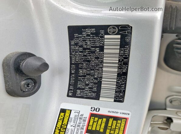 2T1BURHEXKC193008 2019 TOYOTA COROLLA Silver Widok naklejki z numerem VIN