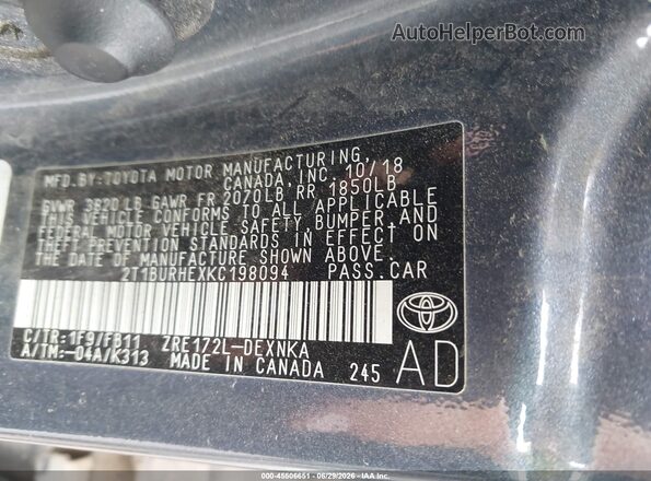 2T1BURHEXKC198094 2019 TOYOTA COROLLA Gray Vista del compartimento del motor