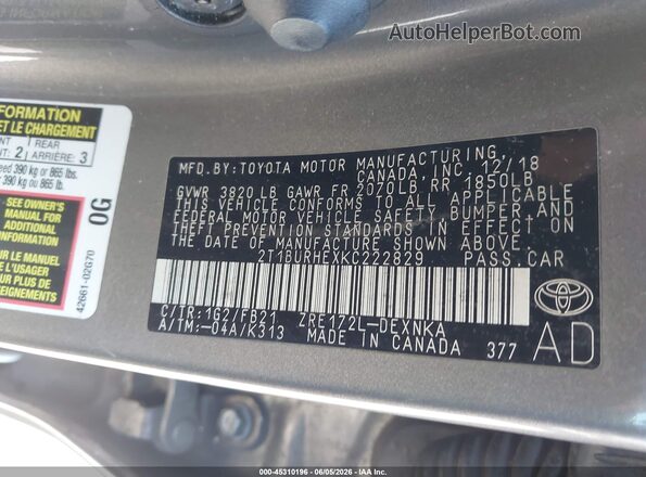 2T1BURHEXKC222829 2019 TOYOTA COROLLA Tan Engine compartment view