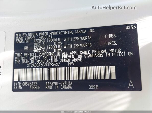 2T2ADCAZ0SC025427 2025 LEXUS NX 250 White Շարժիչի բաժամունքի տեսք