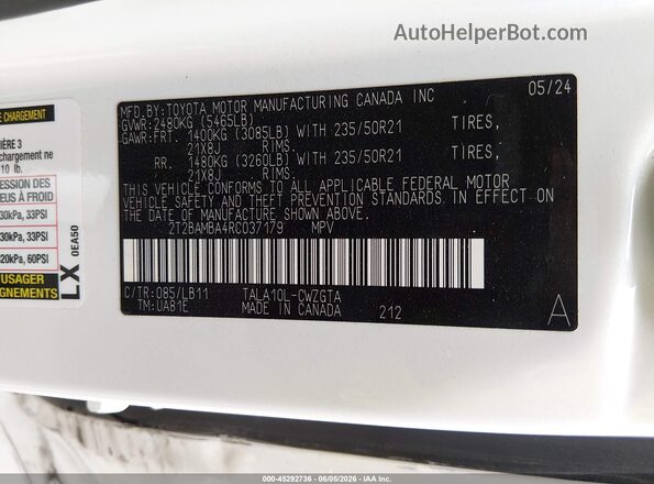 2T2BAMBA4RC037179 2024 LEXUS RX 350 White Engine compartment view