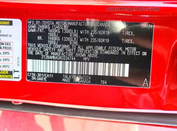 2T2BAMBA5RC034744 2024 LEXUS RX Burgundy VIN կոդի պիտակի տեսք