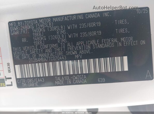 2T2BAMBA7TC070443 2026 LEXUS RX 350 White Vista del compartimento del motor