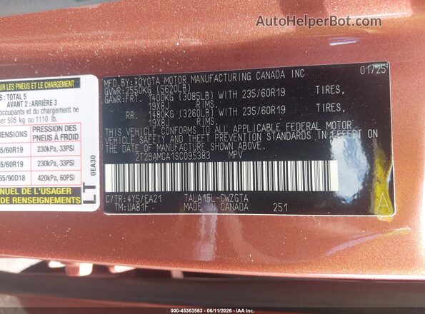 2T2BAMCA1SC095383 2025 LEXUS RX 350 Orange Vista del compartimento del motor