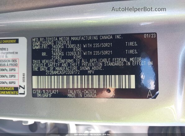 2T2BAMCA5PC008172 2023 LEXUS RX 350 Silver ძრავის განყოფილების ხედი