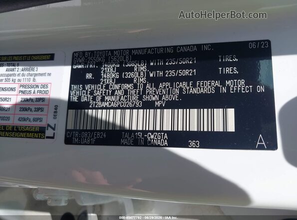 2T2BAMCA6PC026793 2023 LEXUS RX 350 White Engine compartment view