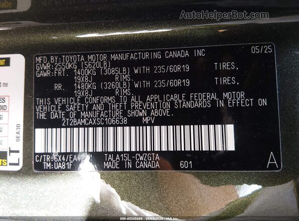 2T2BAMCAXSC106638 2025 LEXUS RX 350 Green Engine compartment view