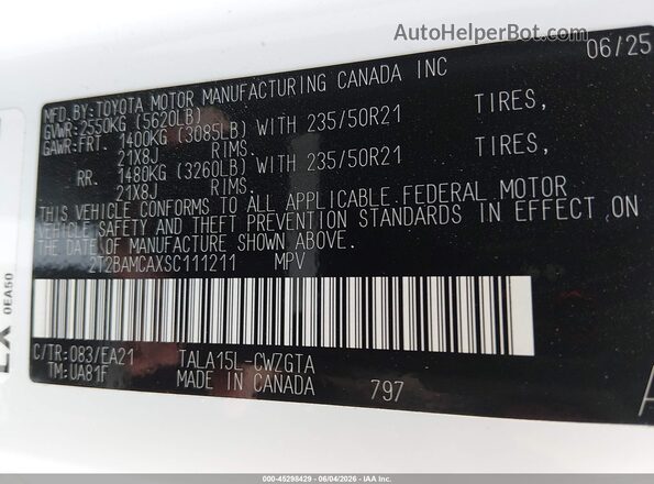 2T2BAMCAXSC111211 2025 LEXUS RX 350 White Widok komory silnika