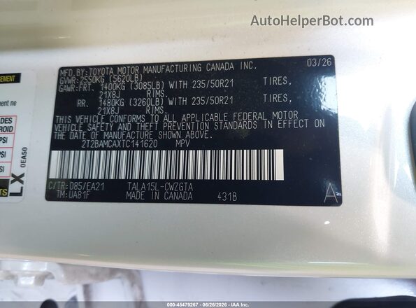 2T2BAMCAXTC141620 2026 LEXUS RX 350 White Widok komory silnika
