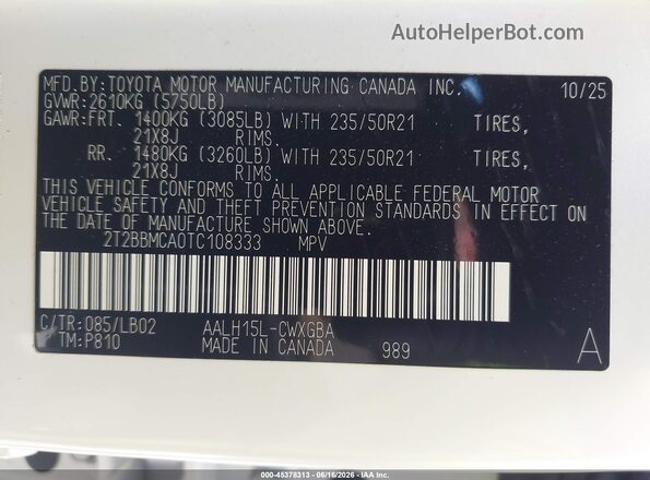 2T2BBMCA0TC108333 2026 LEXUS RX 350H White Widok komory silnika