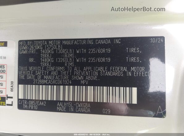 2T2BBMCA5RC061924 2024 LEXUS RX 350H White ძრავის განყოფილების ხედი