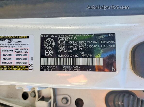2T2BBMCAXPC016930 2023 LEXUS RX White 