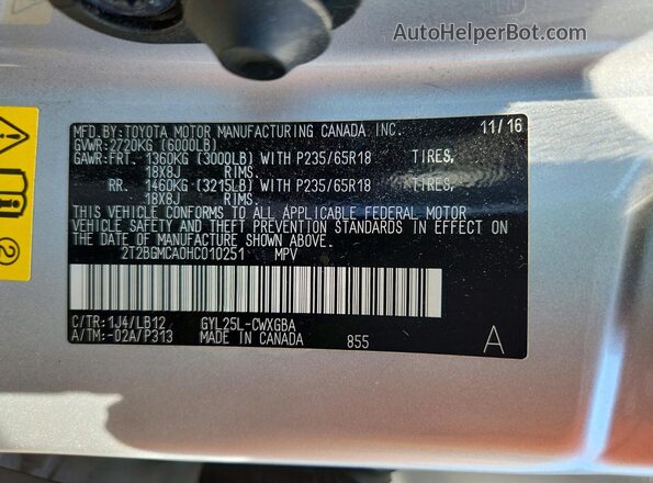2T2BGMCA0HC010251 2017 LEXUS RX Серебряный Вид наклейки с VIN-кодом